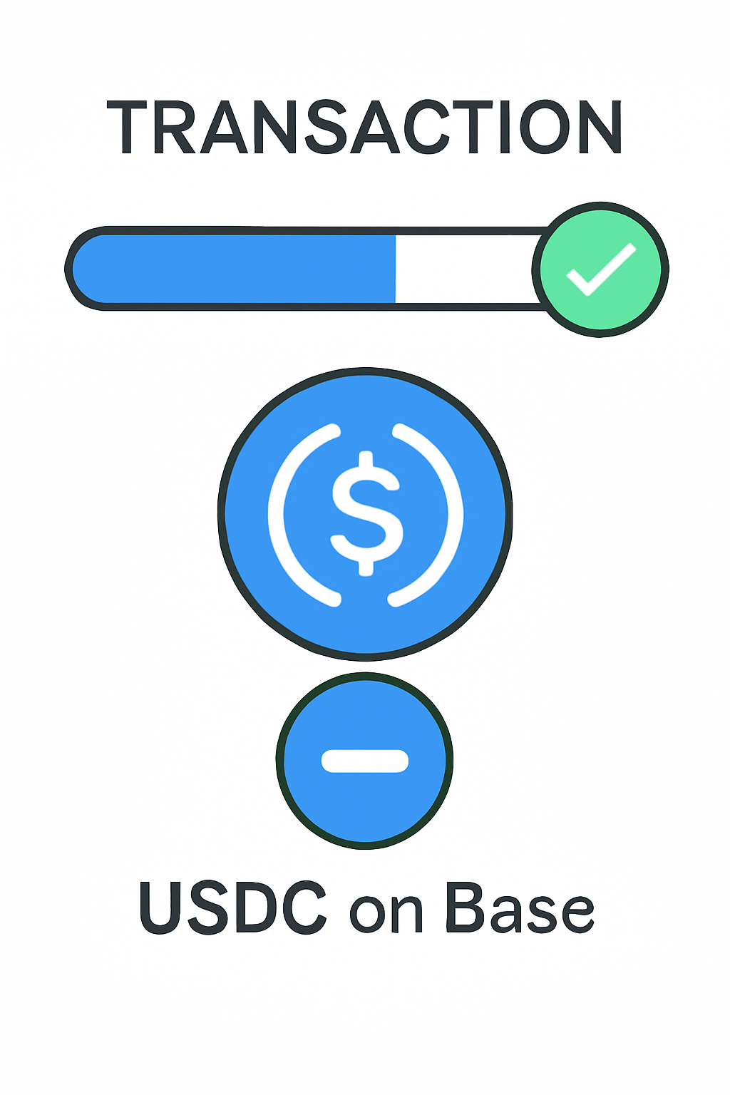 A progress bar showing transaction status, with a checkmark upon completion and USDC tokens on Base network.