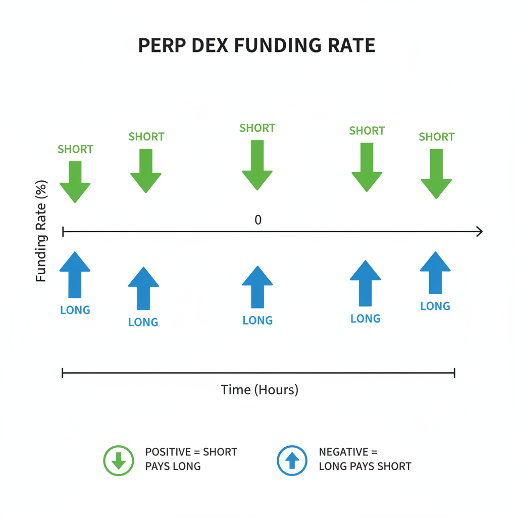 funding rate chart on perp DEX, green positive short arrows, blue negative long indicators