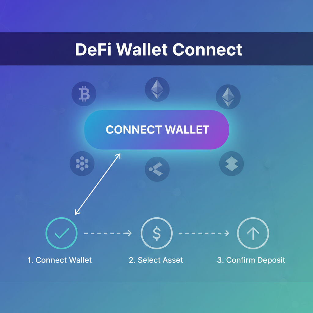wallet connection interface on DeFi platform, glowing connect button, crypto deposit flow
