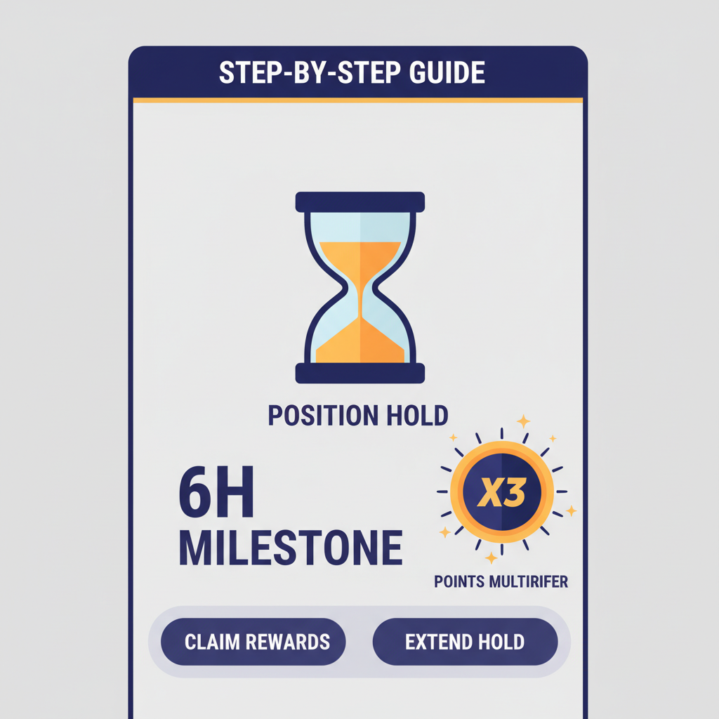 hourglass timer on position hold screen, 6h milestone, points multiplier badge glowing