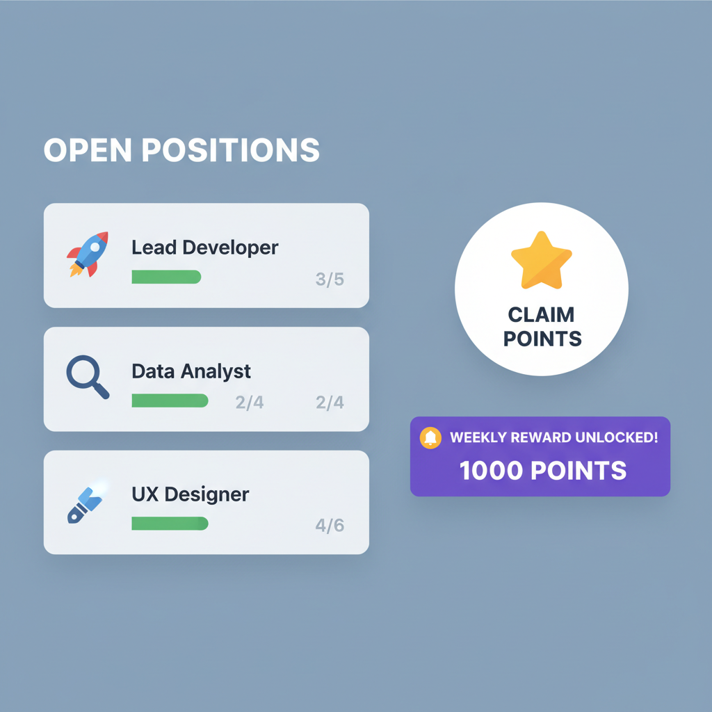 dashboard monitoring open positions, points claim button, weekly reward notification