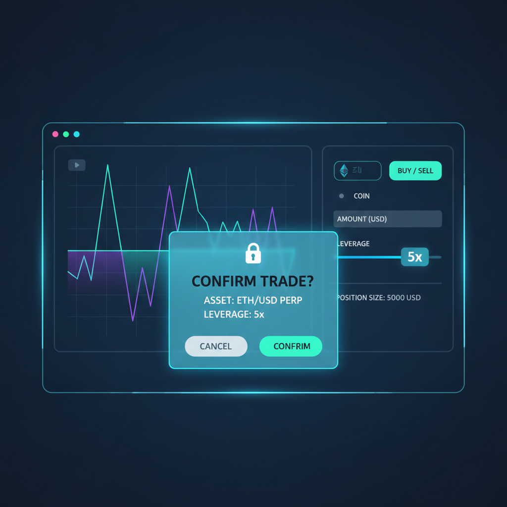 opening leveraged perp position screen, 5x slider, confirmation popup, futuristic UI