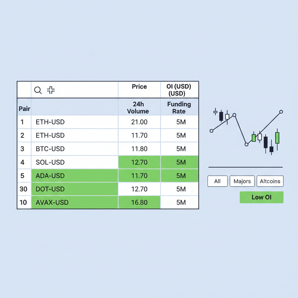 perp DEX trading table showing altcoin pairs with OI under 5M highlighted green, charts and filters