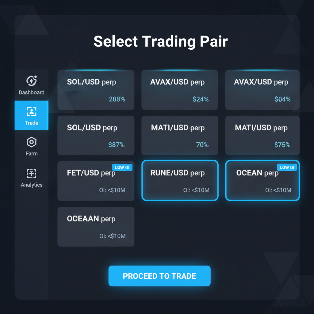 sleek crypto perp DEX dashboard selection screen, neon blue interface, low OI altcoin pairs highlighted