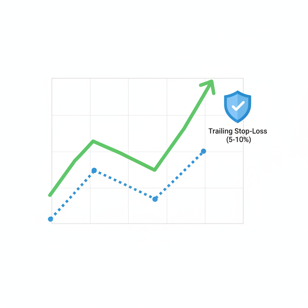 trailing stop-loss setup on trading chart, trailing line at 5-10%, protective shield icon