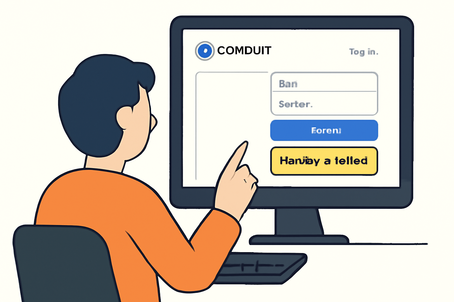 A user at a computer screen, logging into the Conduit platform, with a highlighted 'Deploy a Rollup' button. Clean UI, modern design, friendly colors.