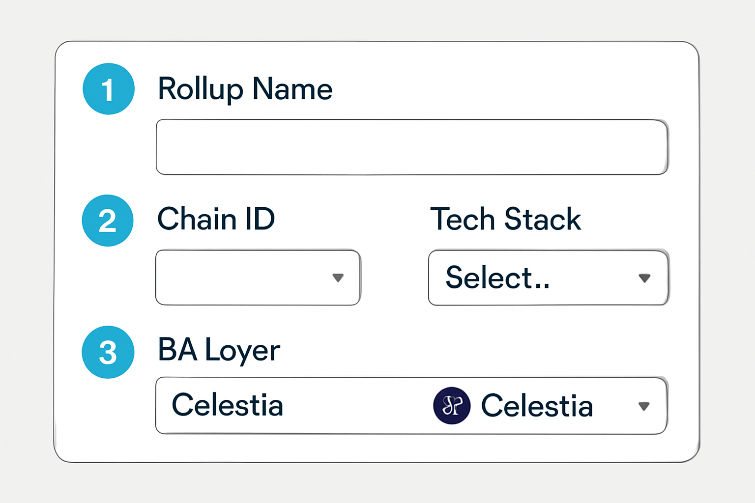 A dashboard interface showing fields for 'Rollup Name', 'Chain ID', dropdowns for tech stack, and Celestia selected as DA layer. Visual emphasis on selection steps.