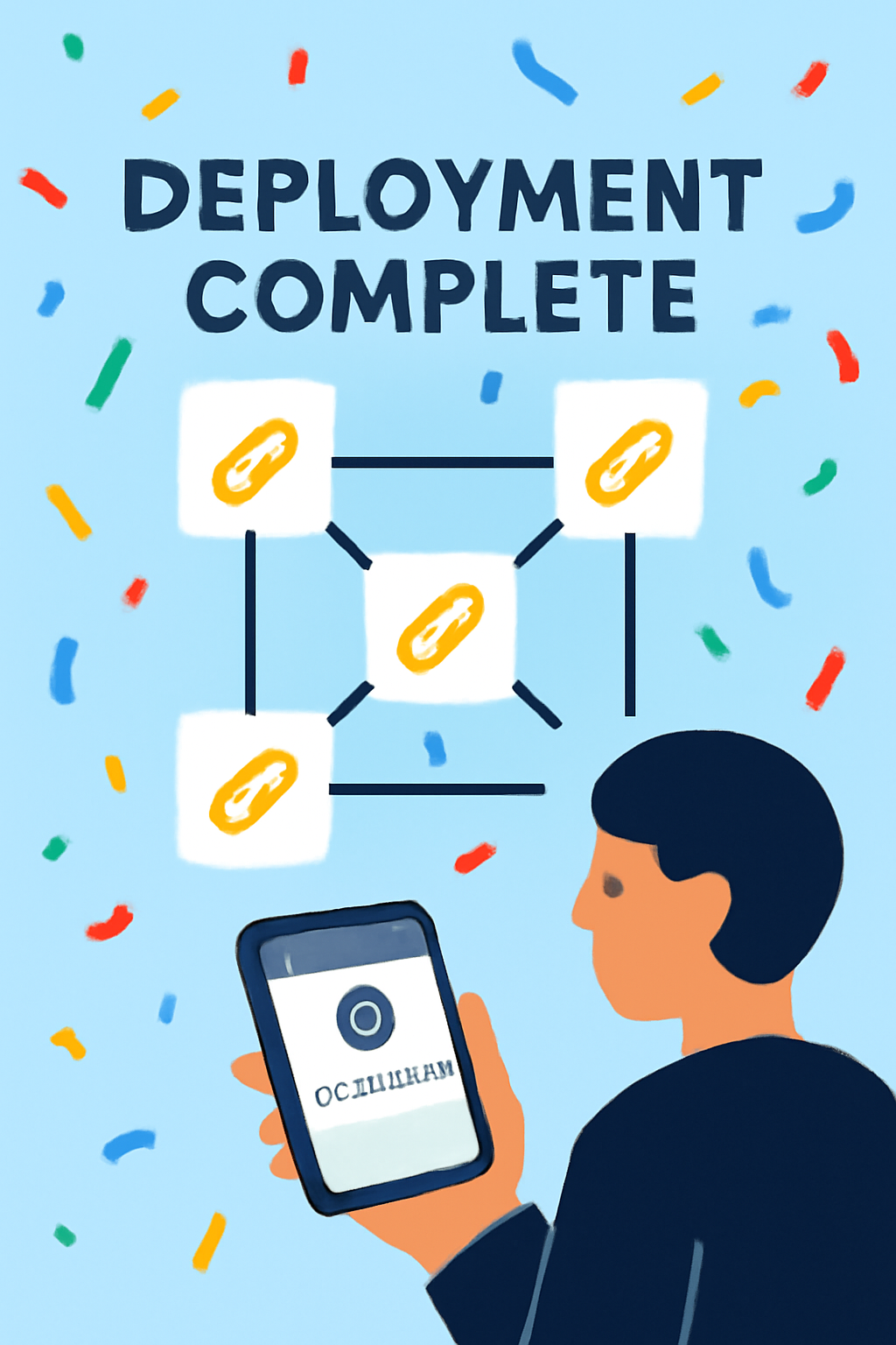 A celebratory screen with a 'Deployment Complete' message, confetti, and a blockchain network visual. User receiving a notification on their device.