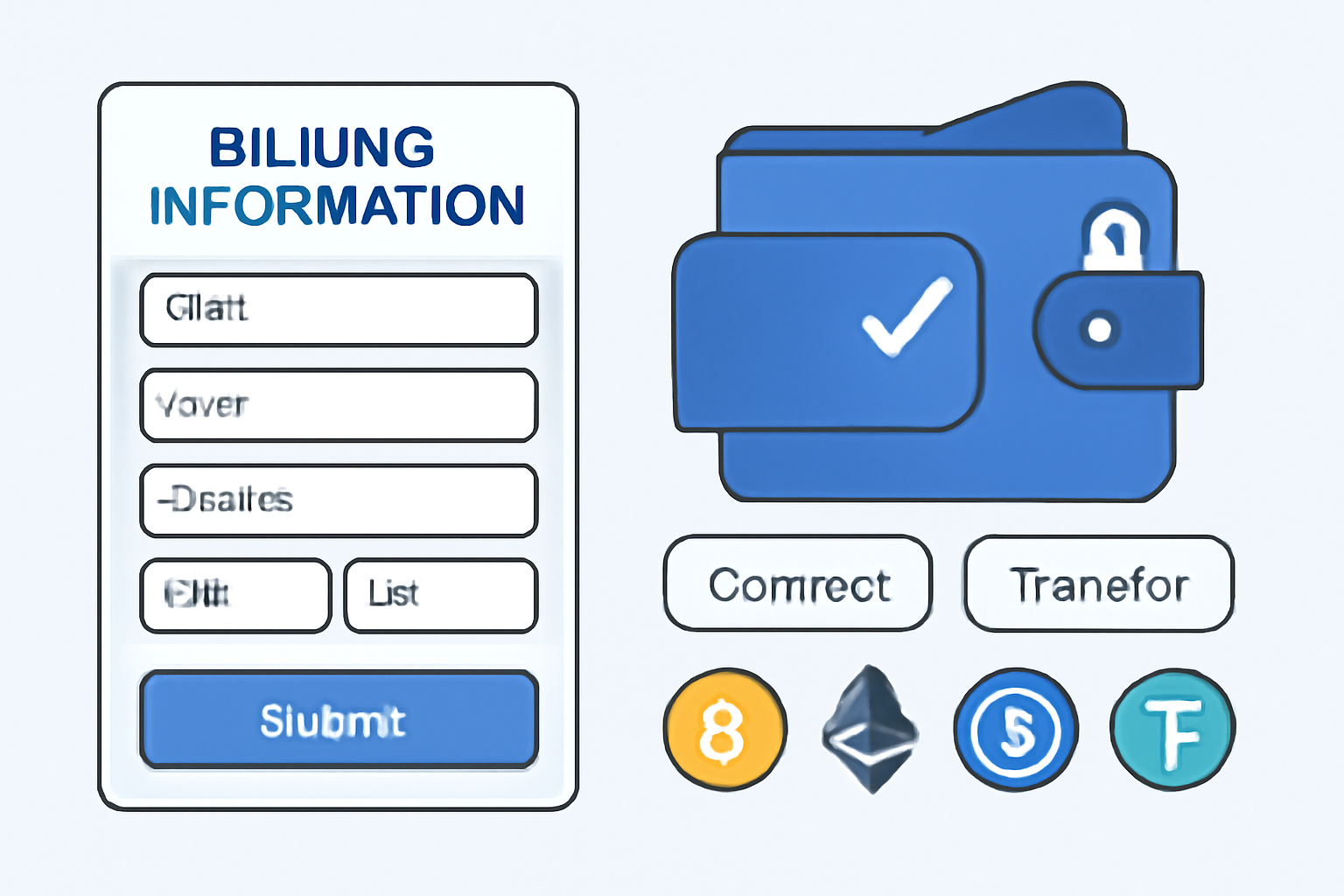 A form showing billing information fields and a wallet interface with options to connect or transfer funds. Crypto wallet icons and a secure feel.