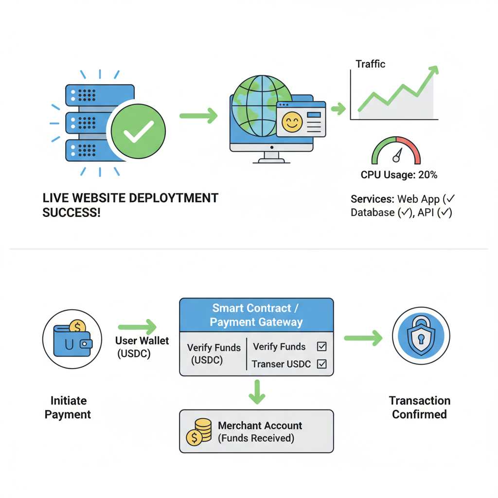 live website deployment success, production server dashboard, USDC payment flow