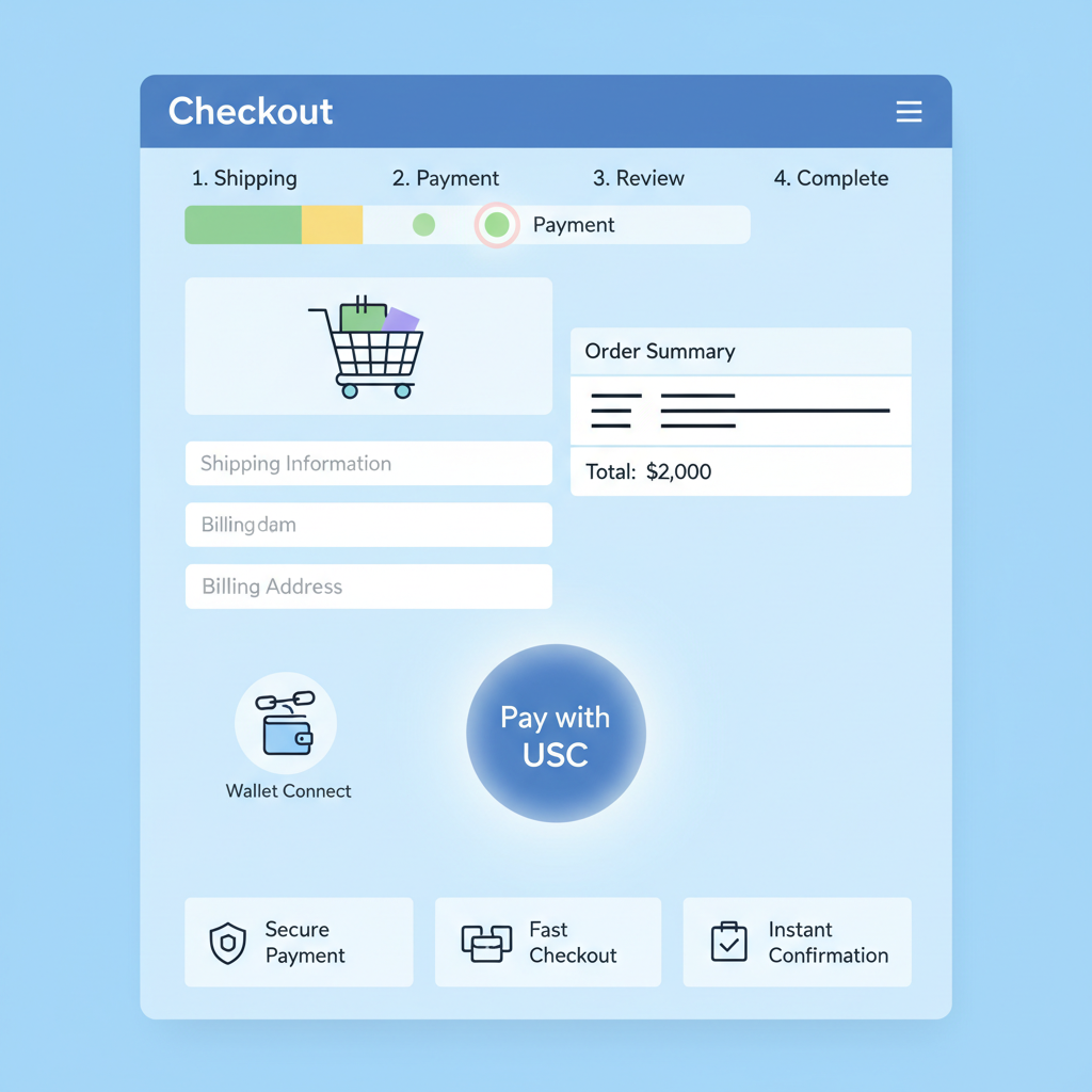 e-commerce checkout page with glowing USDC one-click button, wallet connect icon