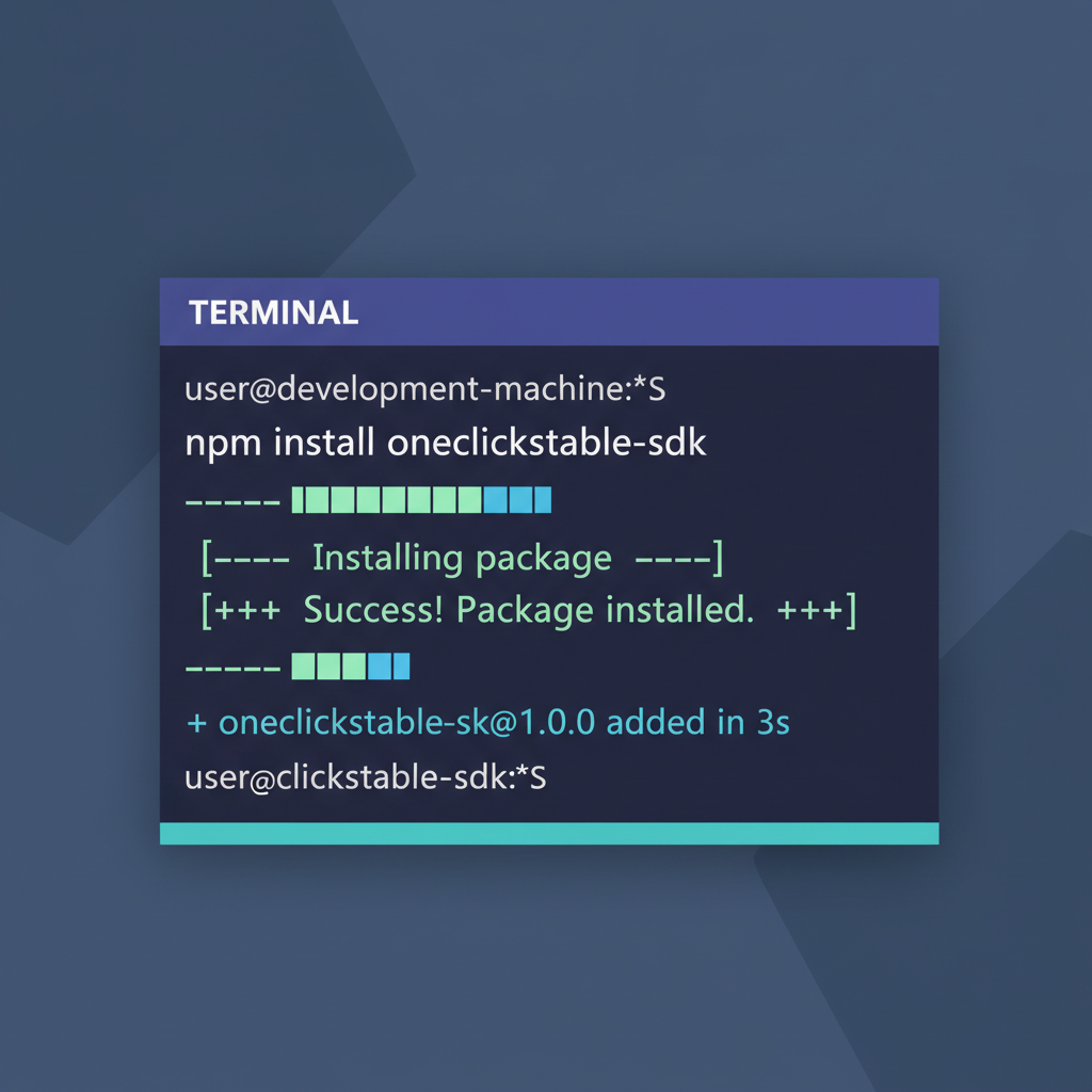 developer terminal installing npm package oneclickstable-sdk, code on screen, modern dark theme