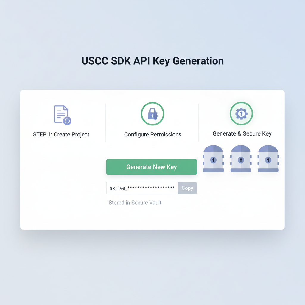 dashboard generating API keys for USDC SDK, secure vault icons, professional UI