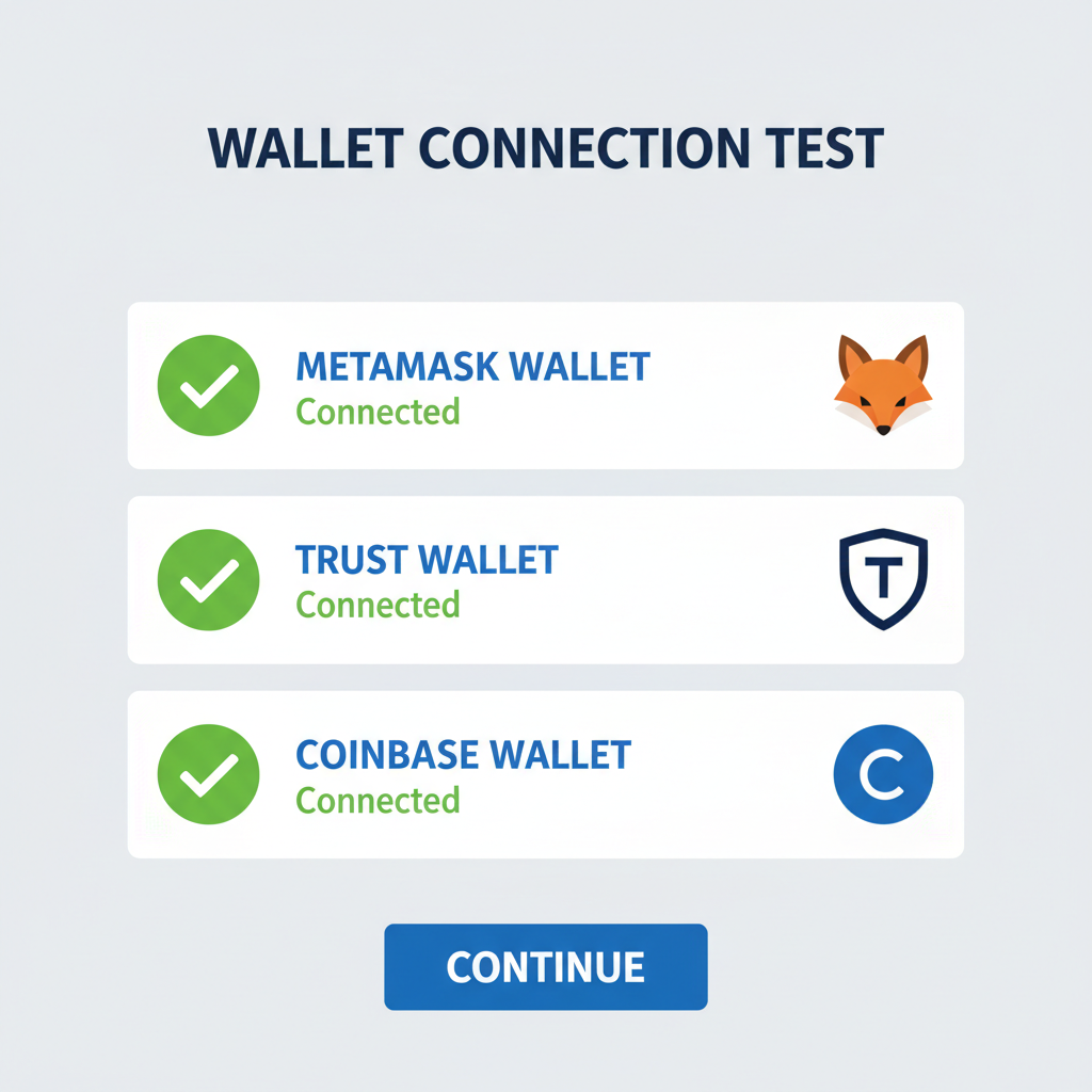 wallet connection test screen, green checkmarks, connected crypto wallets