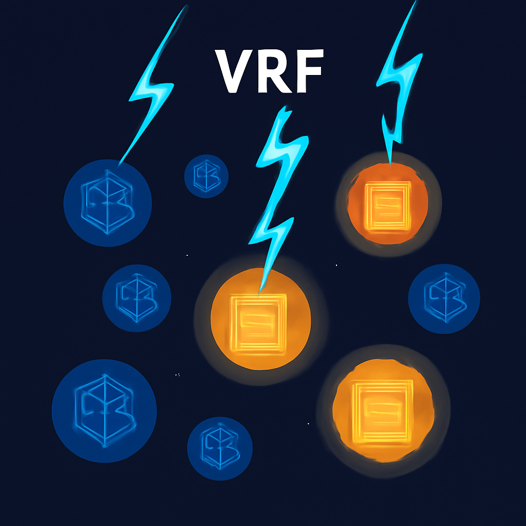 VRF lightning bolts randomly selecting glowing blockchain nodes publishing data, dynamic energy bursts, sci-fi