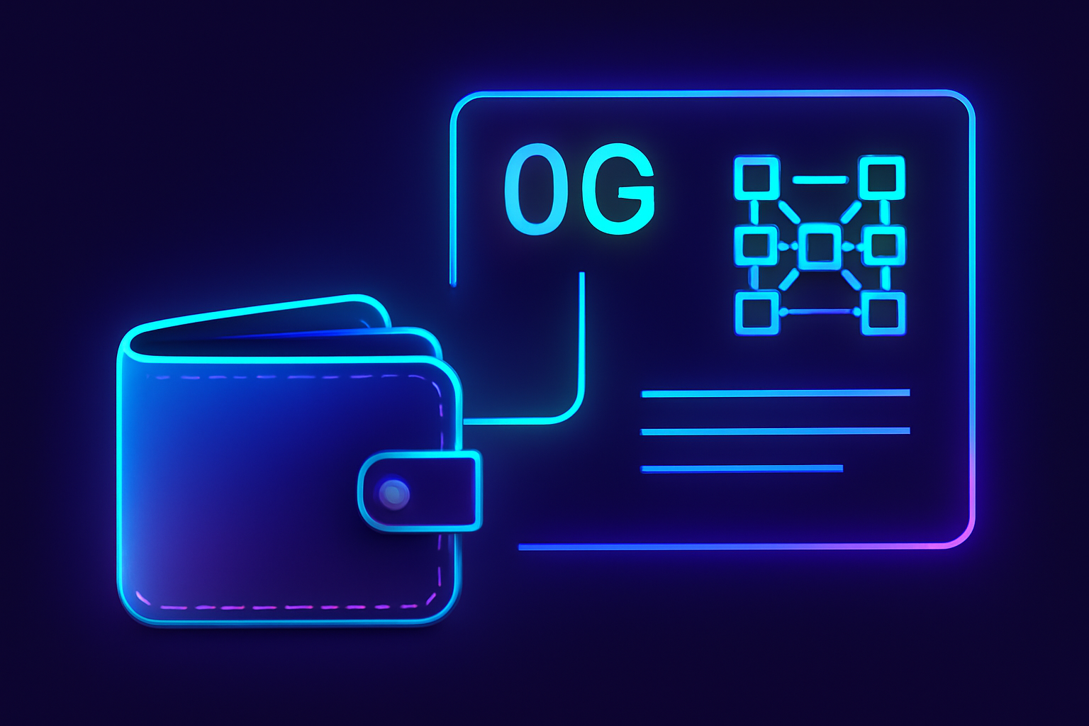 sleek futuristic wallet connecting to glowing 0G blockchain dashboard, neon blues and purples, cyberpunk style