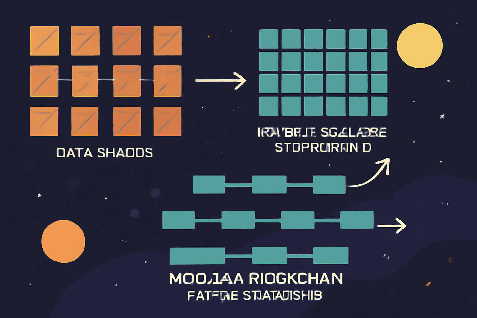data shards partitioning across infinite scalable storage grid, modular blockchain layers expanding, cosmic scale