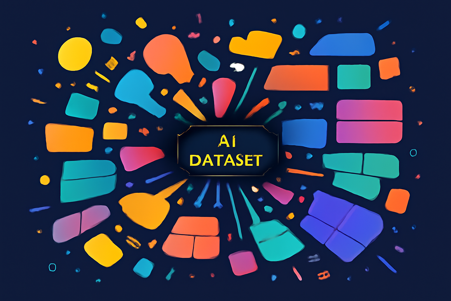 massive AI dataset exploding into colorful data blobs and partitions, high-tech data flow, vibrant digital art