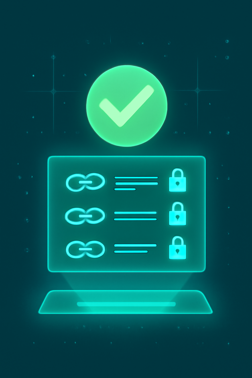 green checkmark verifying data proof on holographic blockchain screen, secure locks and proofs glowing
