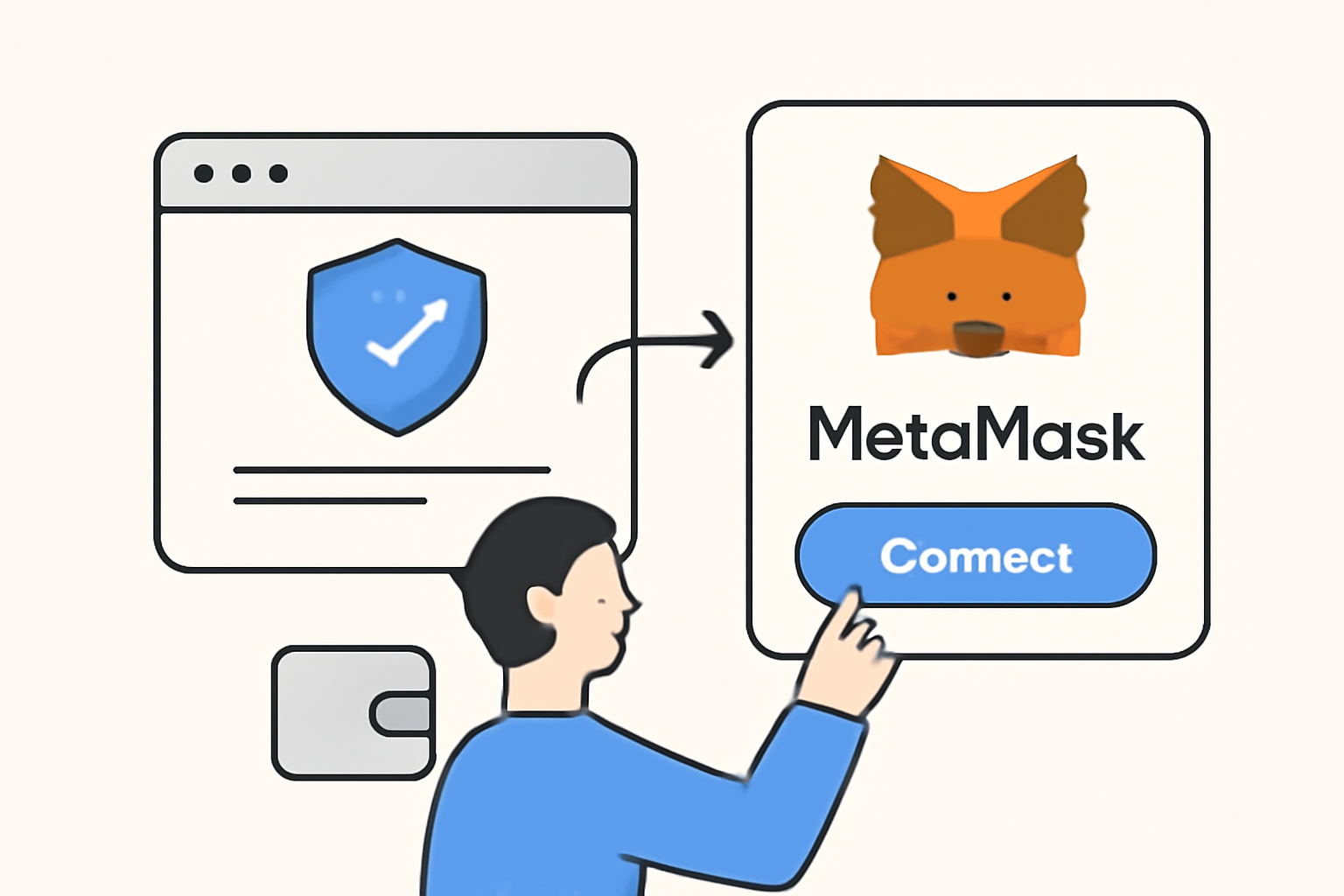 A user connecting MetaMask wallet to a secure website, with a shield icon and wallet logos, emphasizing security.