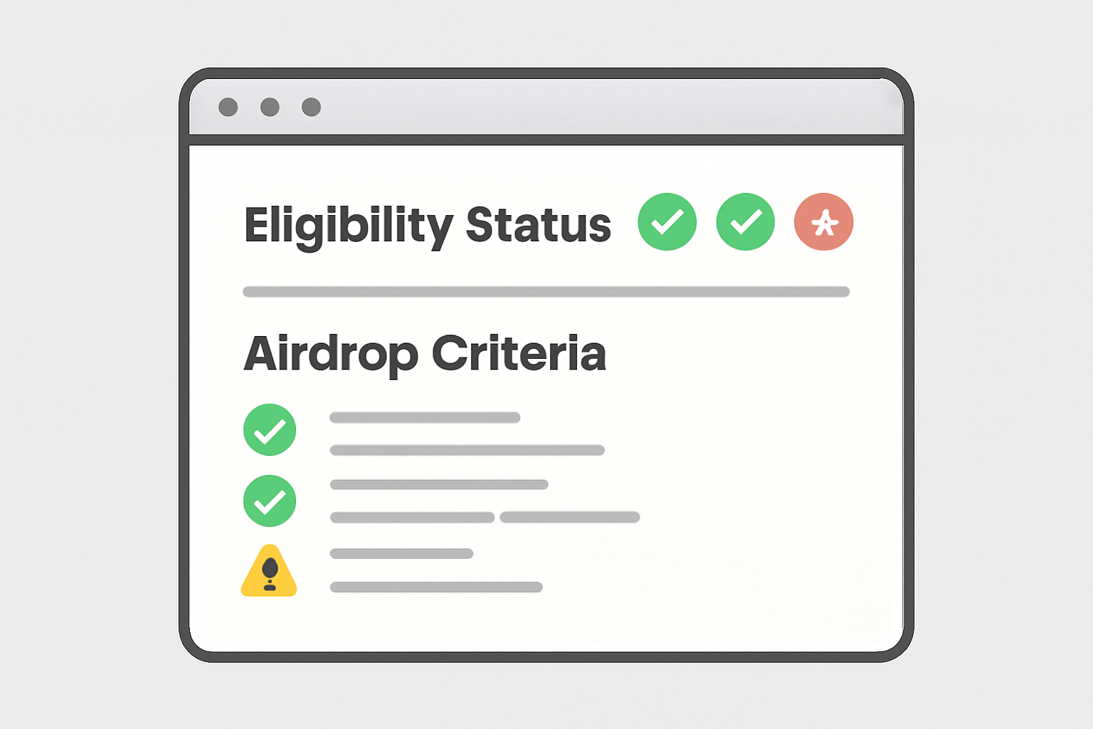 A dashboard with eligibility status indicators (green check or red cross), and a list of airdrop criteria with checkmarks and warning signs.