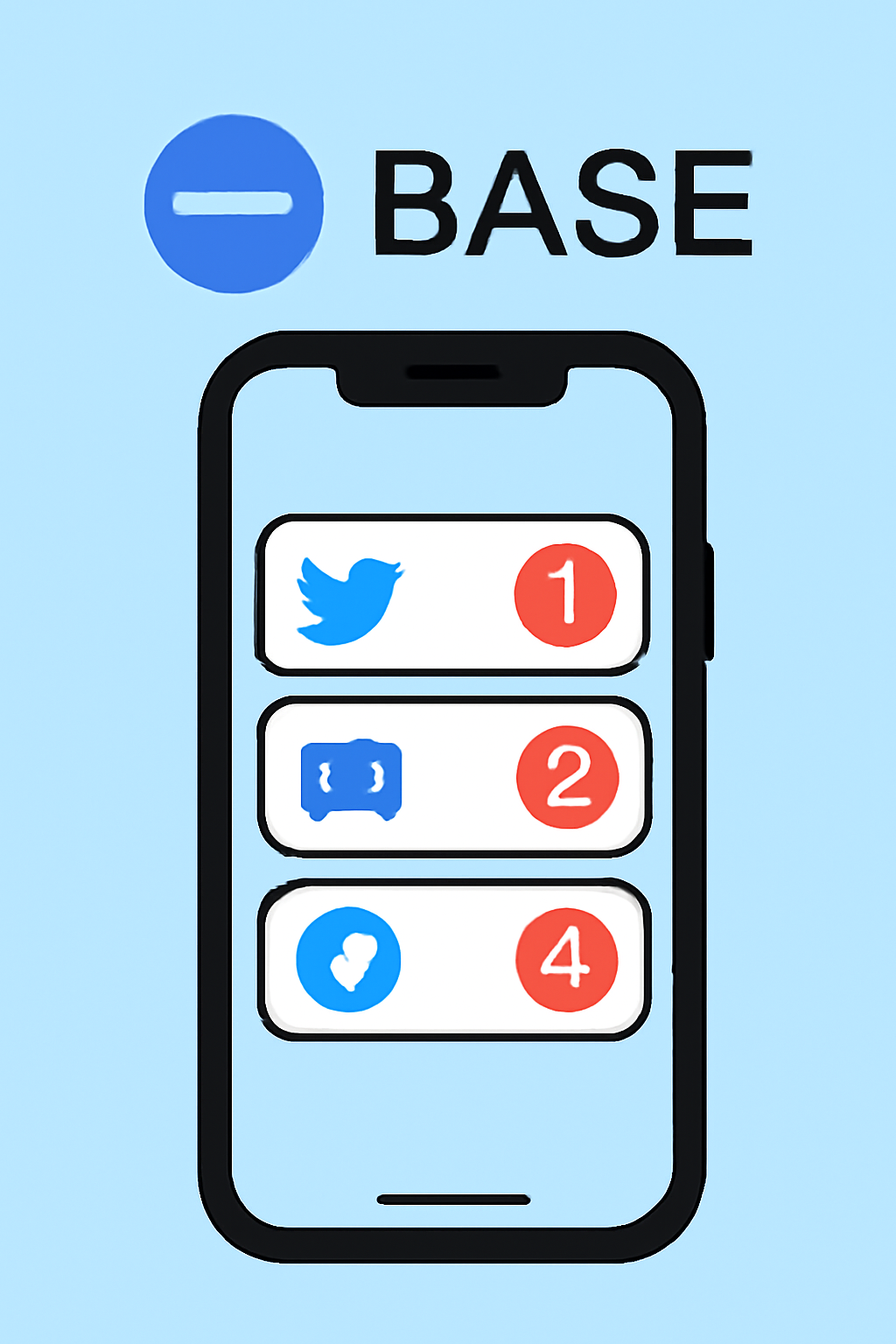 A smartphone displaying notification alerts and social media icons (Twitter, Discord, Telegram) with the Base logo in the background.