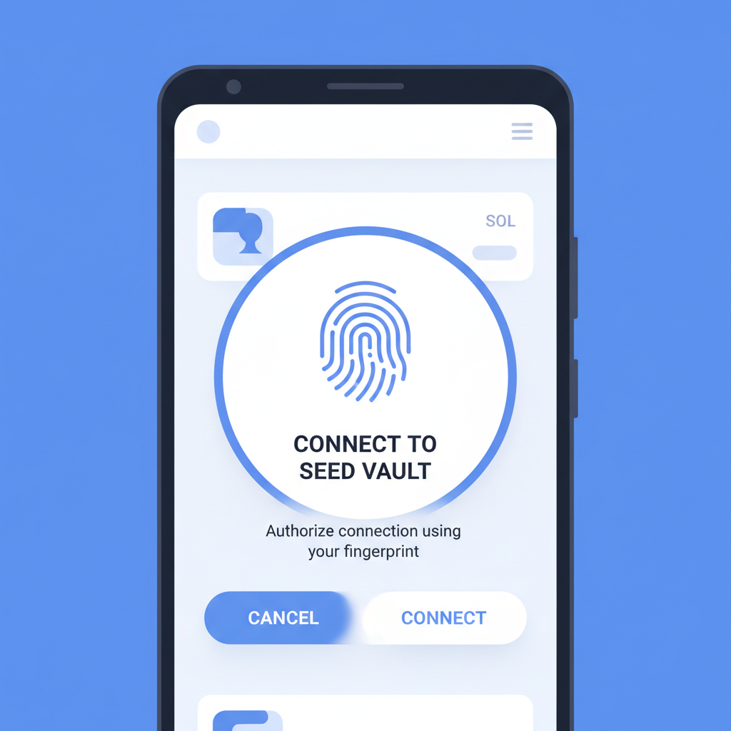 Wallet app on Solana Saga phone connecting to Seed Vault, connection prompt screen, biometric fingerprint icon, clean secure design --ar 16:9