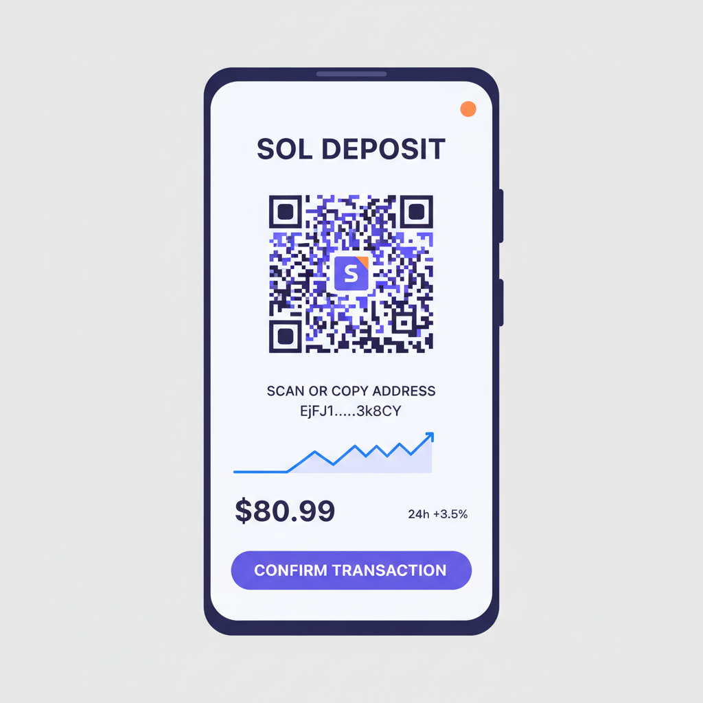 Solana Saga wallet screen showing SOL deposit address, QR code, current price $80.99 chart snippet, transaction confirmation --ar 16:9