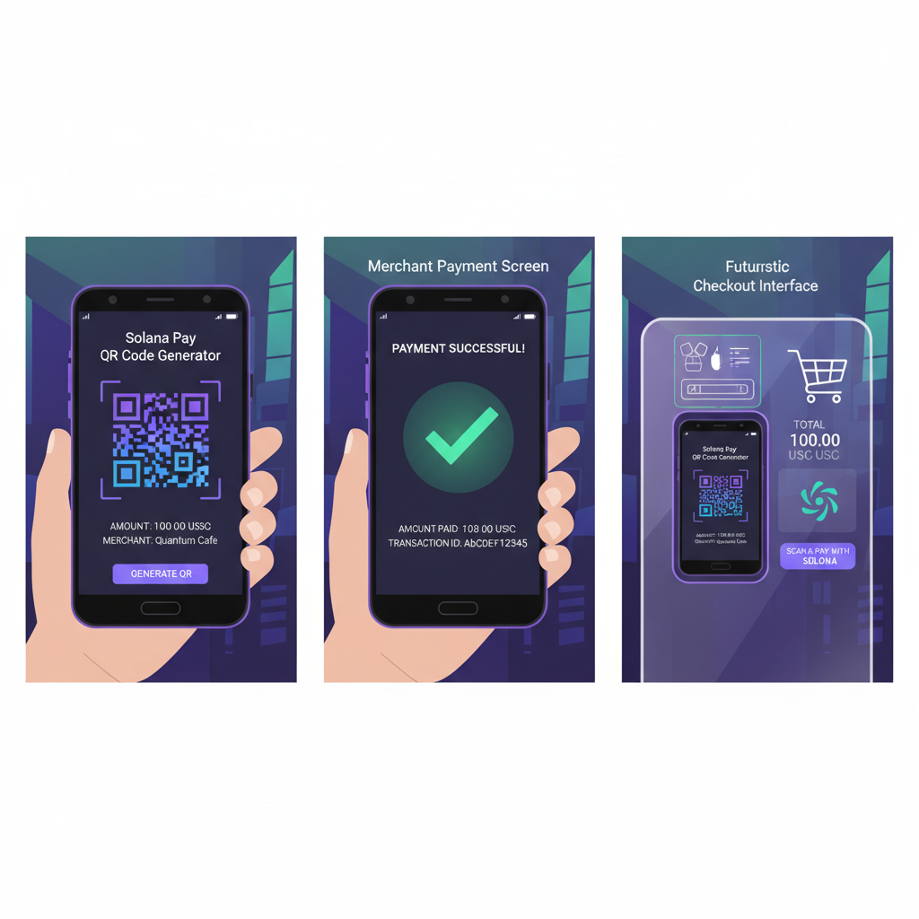 Solana Saga phone displaying Solana Pay QR code generator, merchant payment screen, futuristic checkout interface --ar 16:9