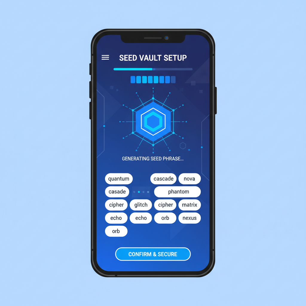 Solana Saga phone screen displaying Seed Vault initialization in settings menu, generating seed phrase, secure futuristic UI, blue tones --ar 16:9