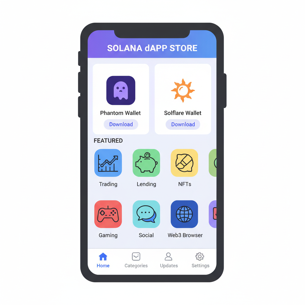 Solana Saga phone interface showing Solana dApp Store with Phantom or Solflare wallet download, app icons, mobile Web3 style --ar 16:9
