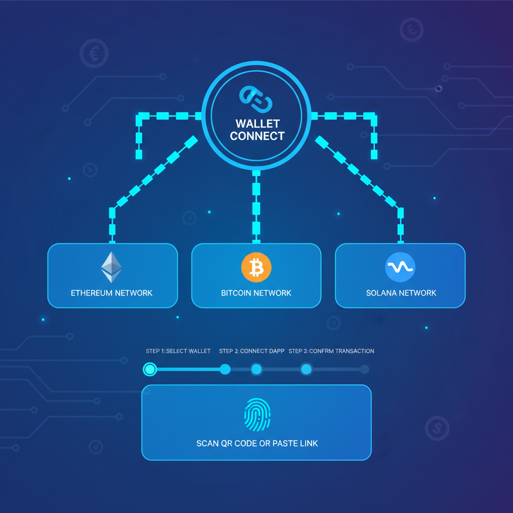 sleek unified wallet connect screen, glowing chains linking, neon blue UI, futuristic crypto interface