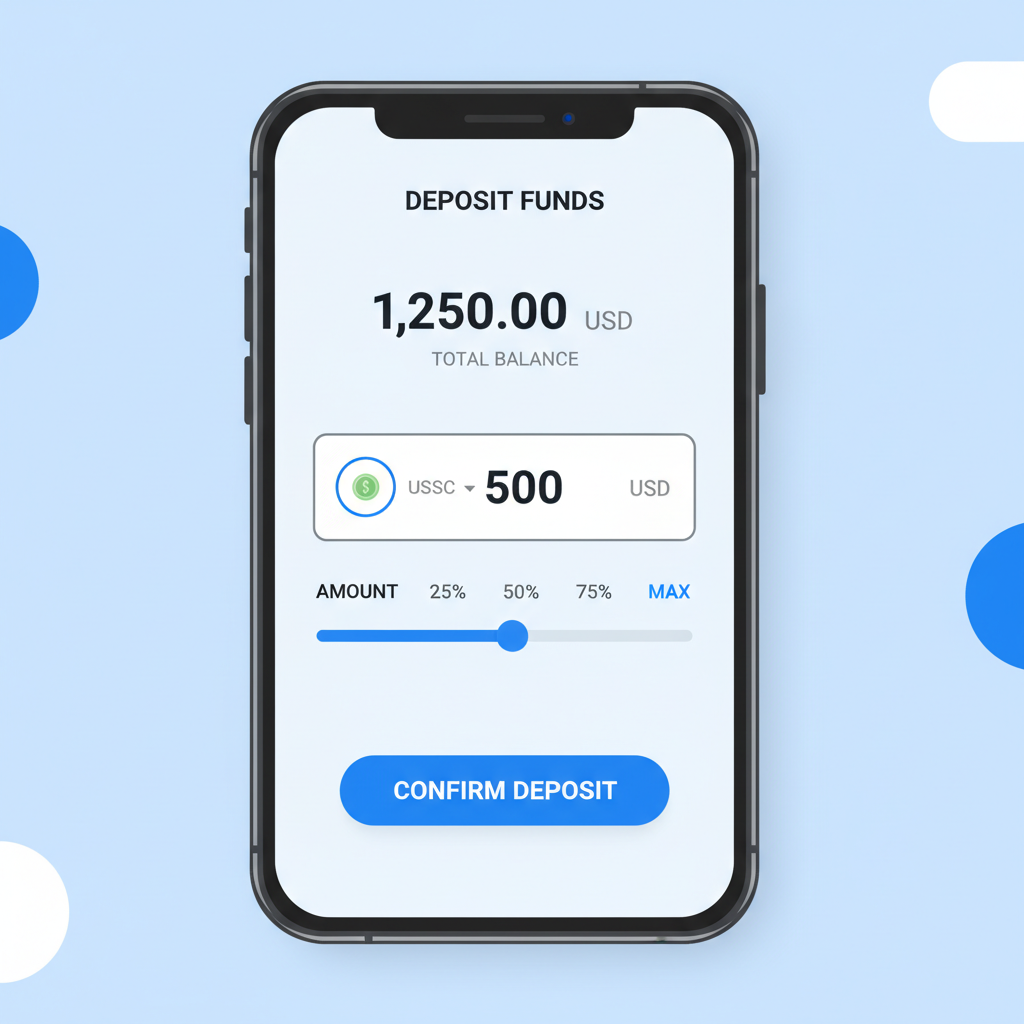 deposit input field with token selector, unified balance display, clean modern wallet UI