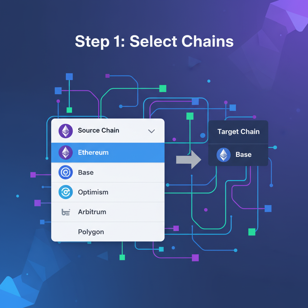 chain selection dropdown, source Ethereum to target Base icons, vibrant blockchain nodes connecting
