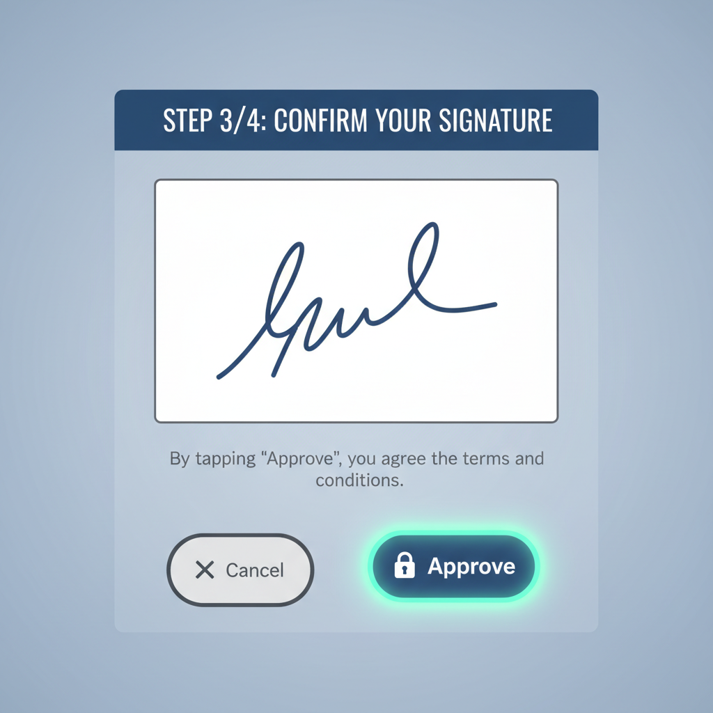 single signature prompt screen, intent confirmation, secure glowing approve button
