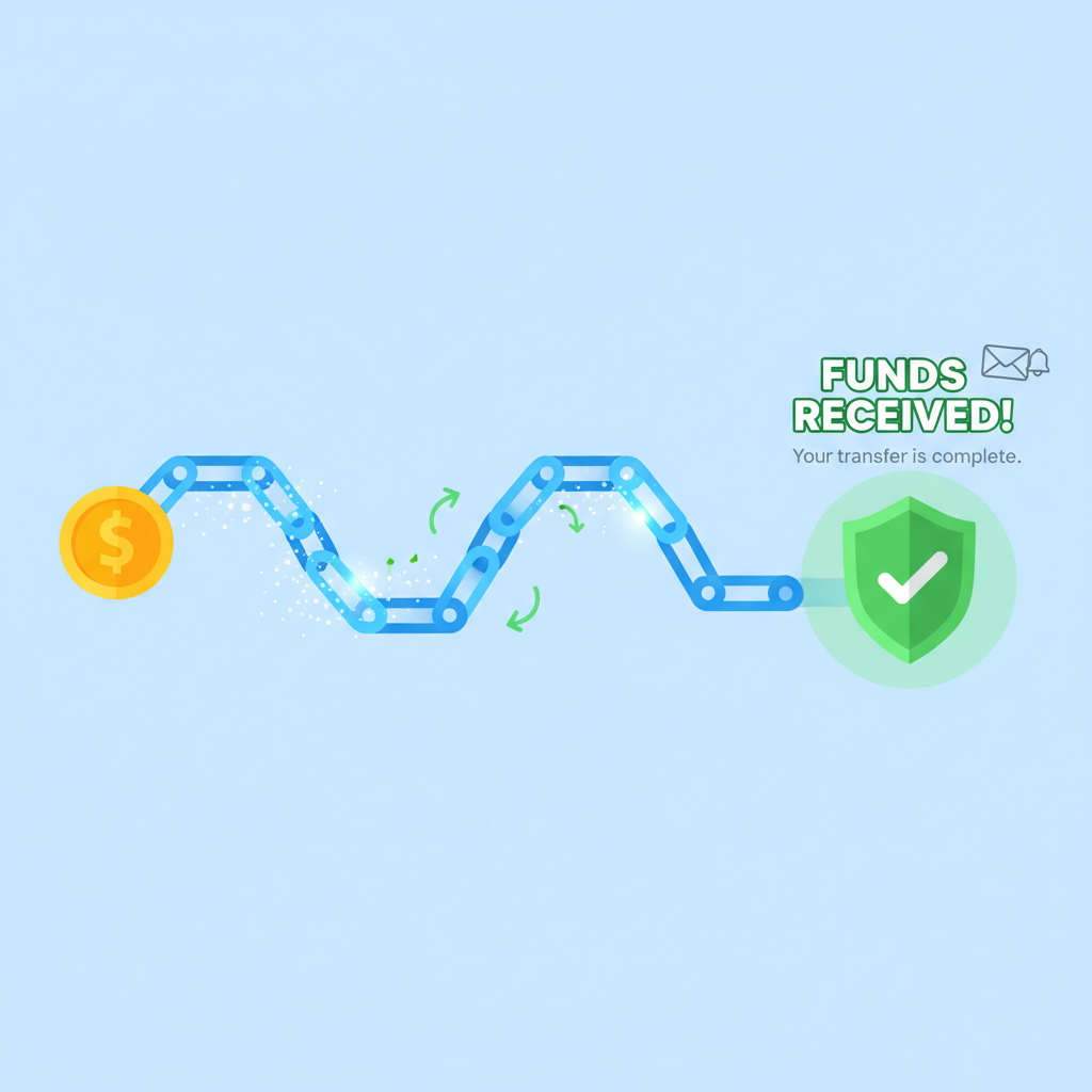 funds transferring across glowing chains, success animation, seamless arrival notification