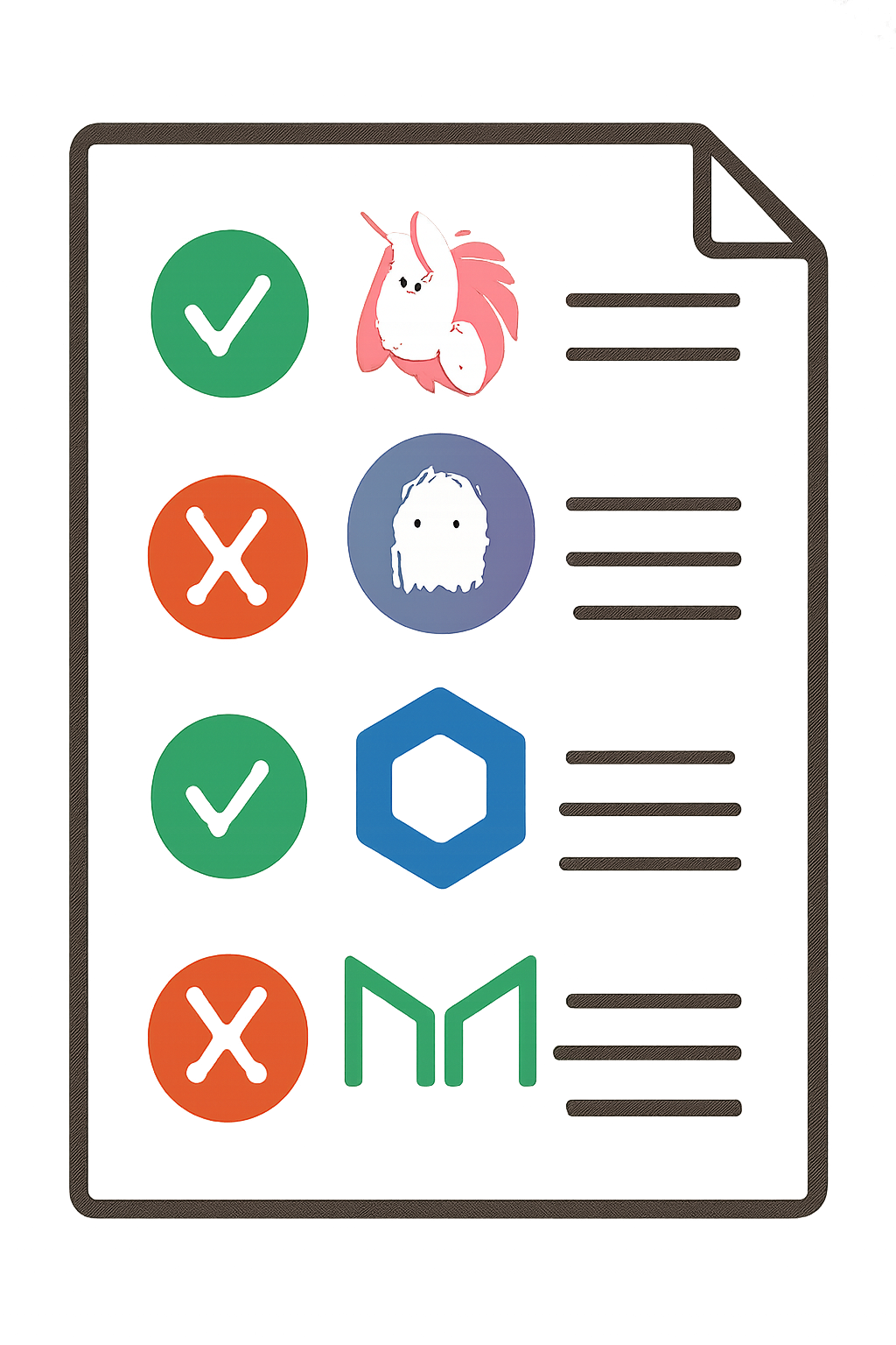 A checklist with DeFi platform logos, some with green checkmarks and others with red crosses, digital art