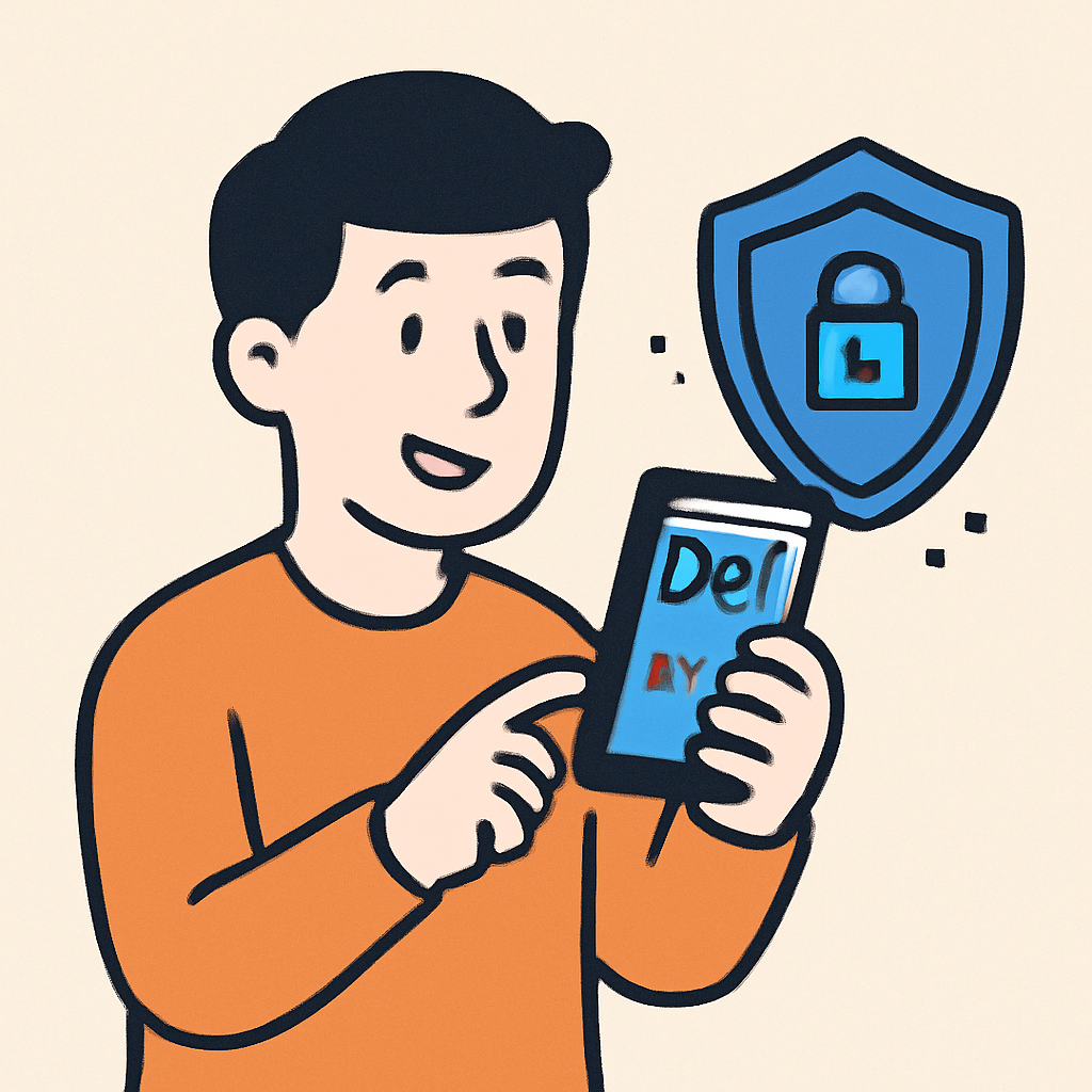 A person happily using a DeFi app on their phone, with a digital lock icon symbolizing security and compliance