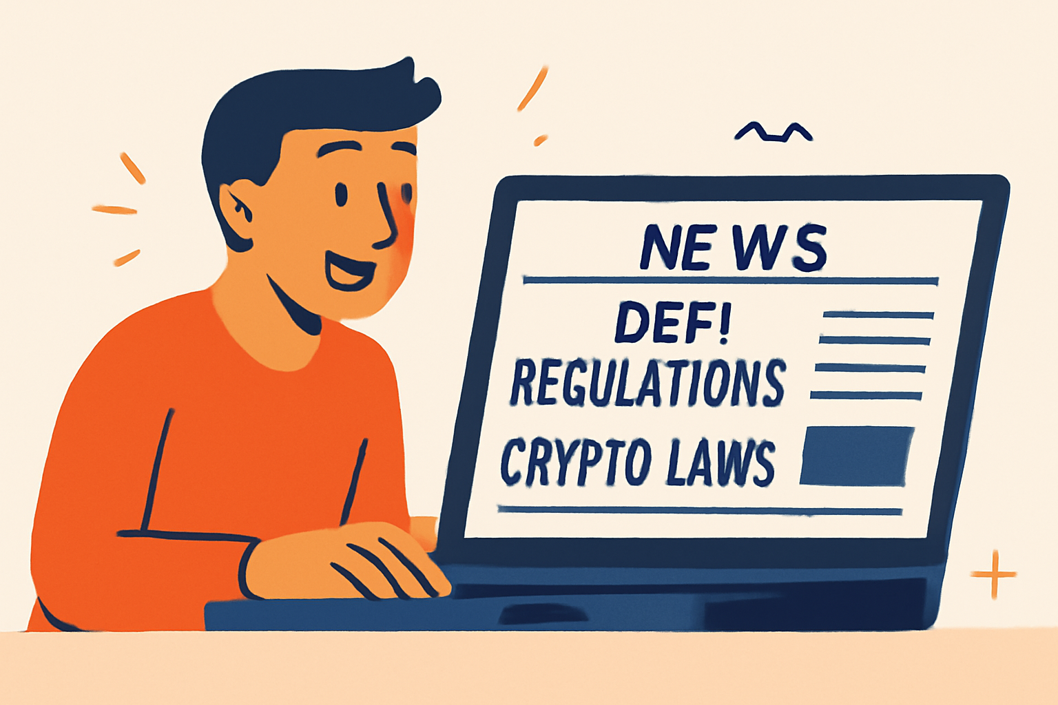 A person reading news on a laptop with headlines about DeFi regulations and crypto laws, modern style, energetic mood