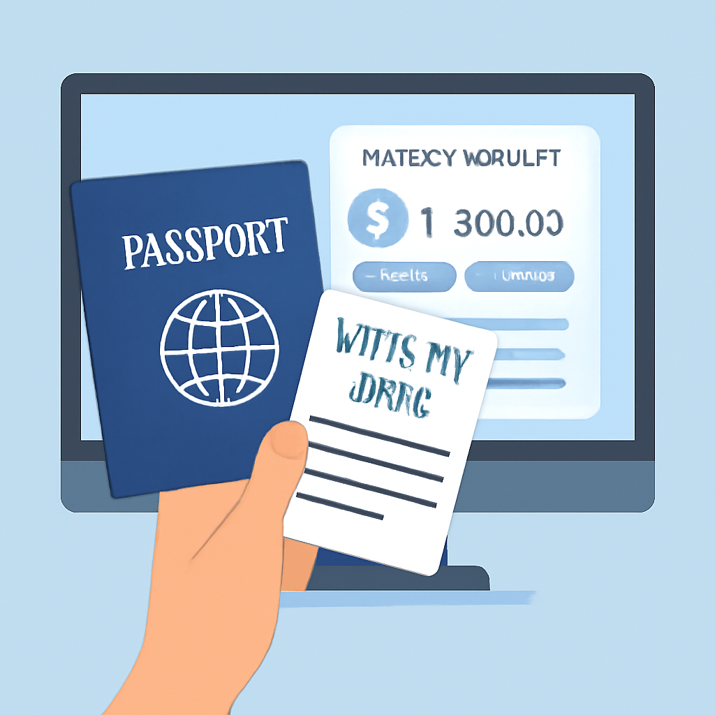 A hand holding a passport and a utility bill in front of a computer screen showing a crypto wallet interface
