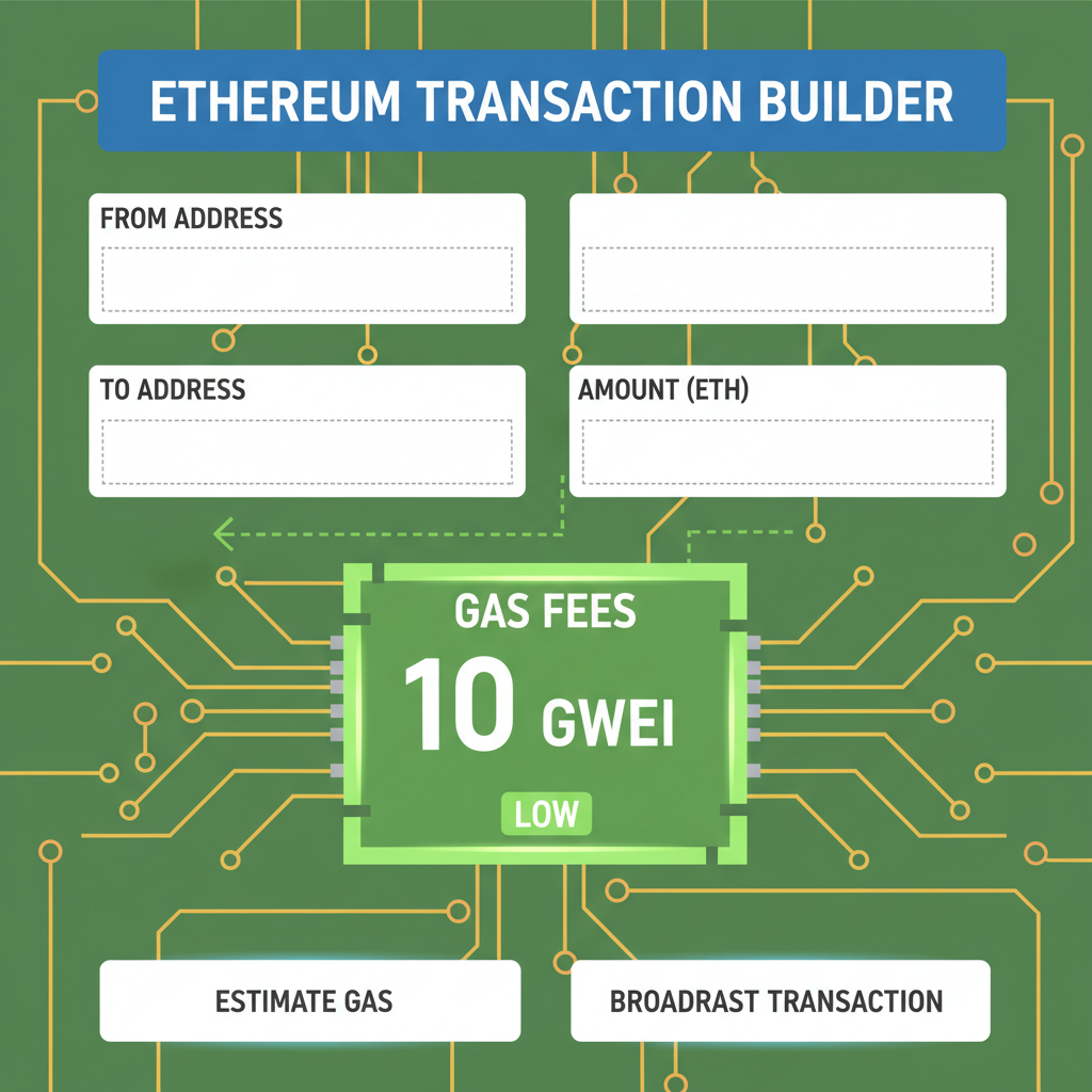 Ethereum transaction builder UI with low gas fees highlighted, circuit board style