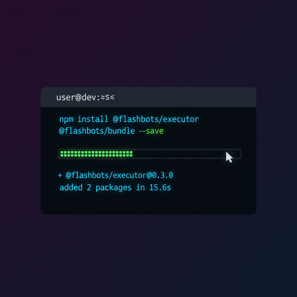 developer terminal installing Ethereum Flashbots packages, dark mode, code glow