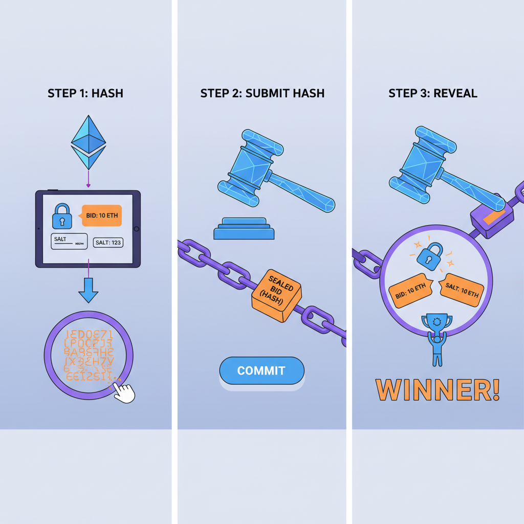 Sealed auction bid submission on Ethereum blockchain, futuristic gavel and bids