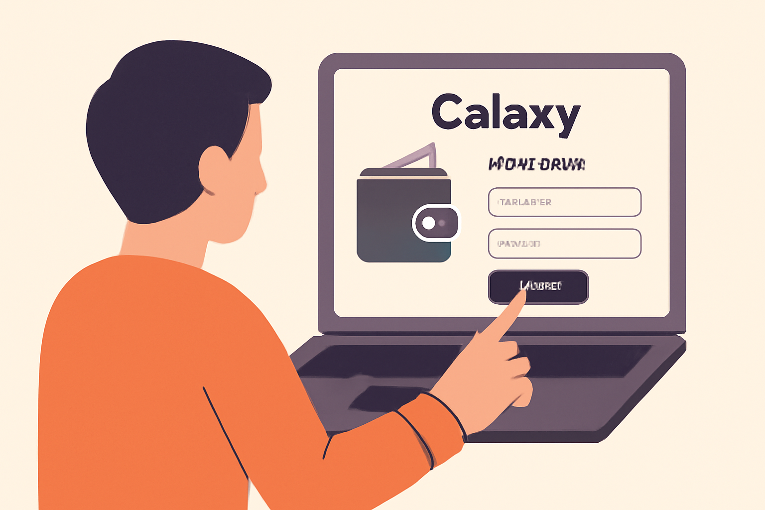 A user logging into the Calaxy app dashboard on a laptop, with a digital wallet icon visible