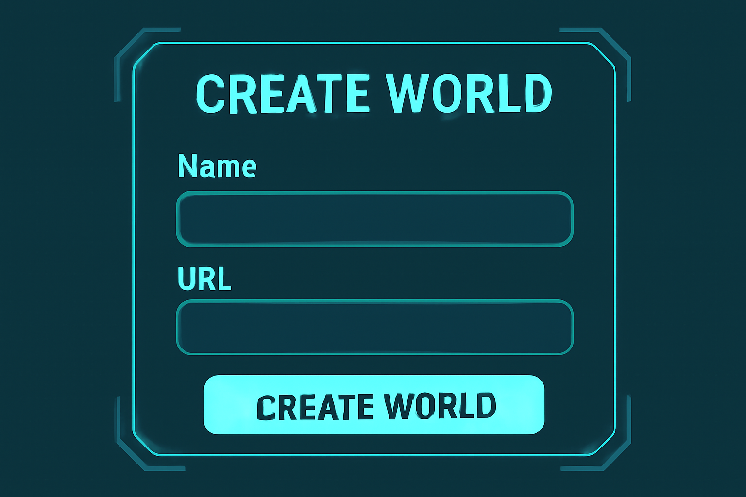 A digital interface showing a 'Create World' button and input fields for name and URL, with a futuristic design