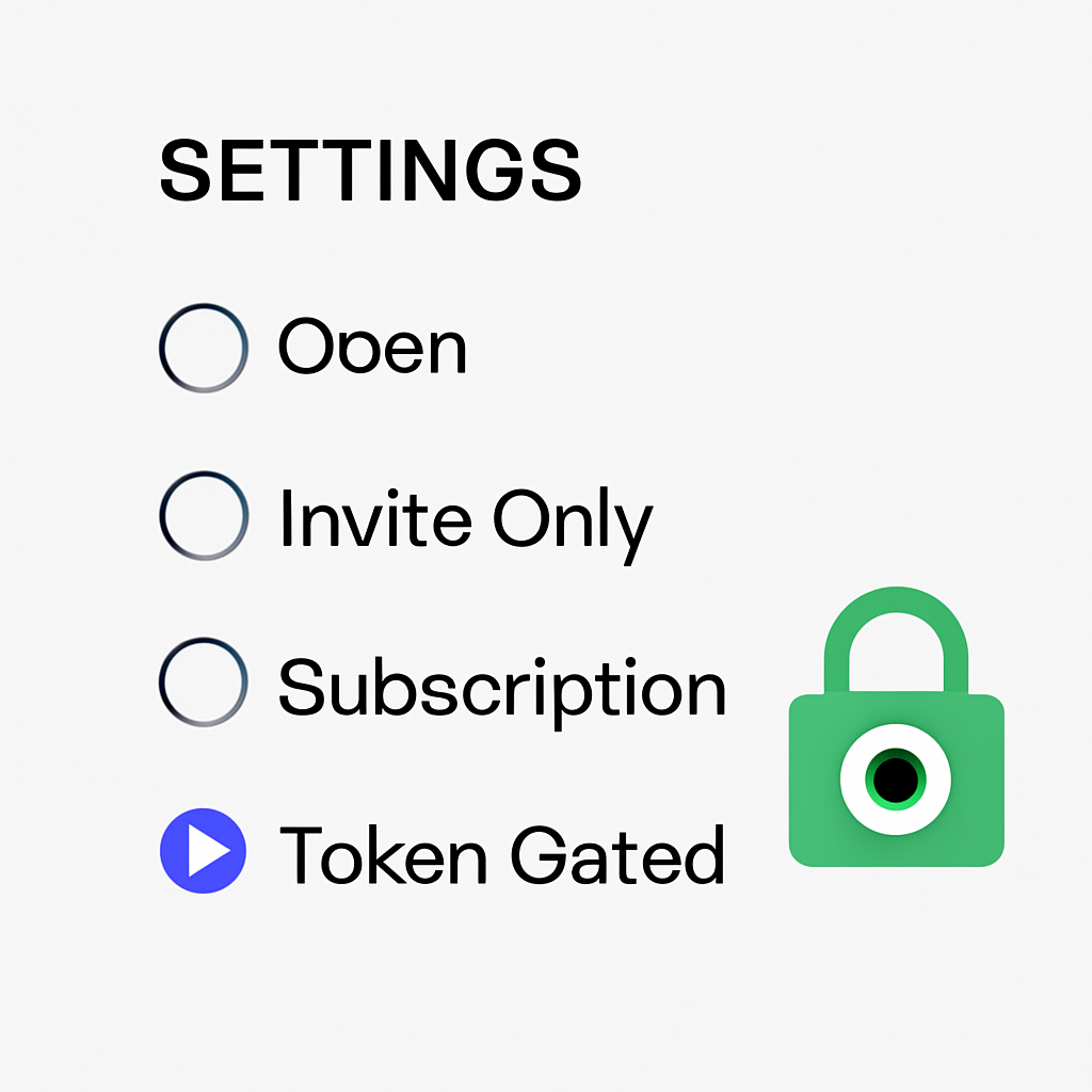 A settings screen with options: Open, Invite Only, Subscription, Token Gated—Token Gated is selected