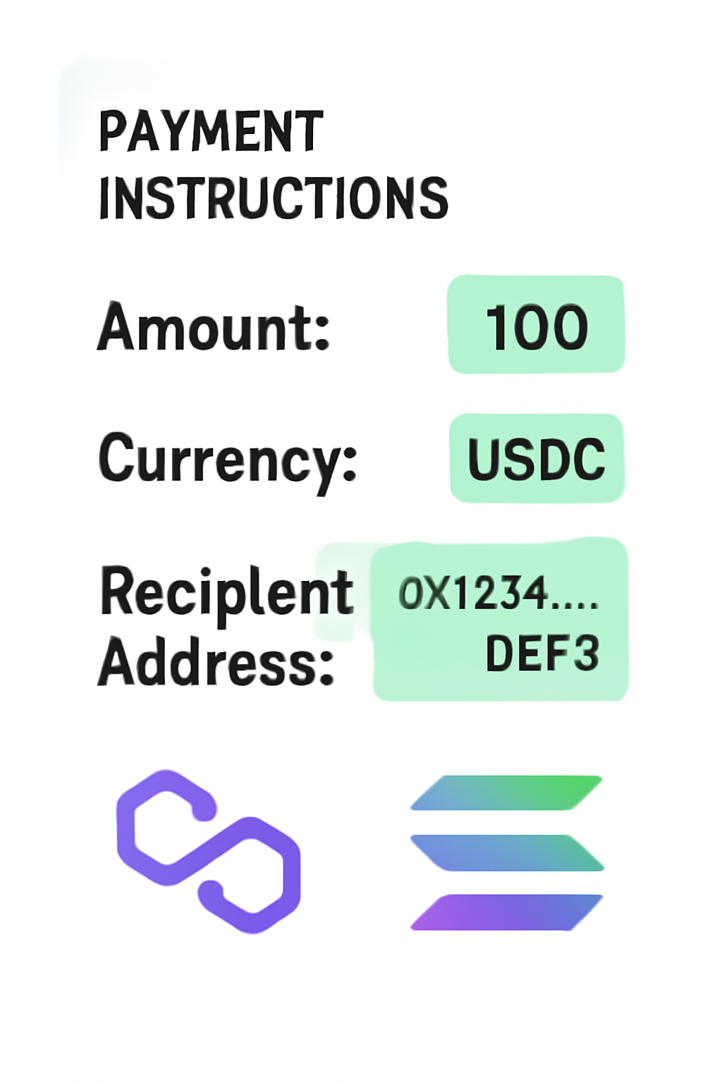 A digital document with highlighted payment instructions: amount, currency, recipient address, and blockchain logos (Polygon and Solana)
