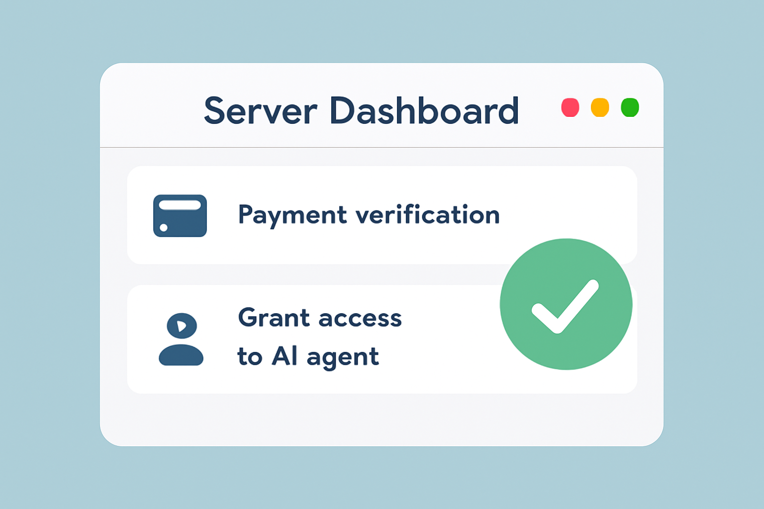 A server dashboard showing payment verification and granting access to the AI agent, with a green checkmark