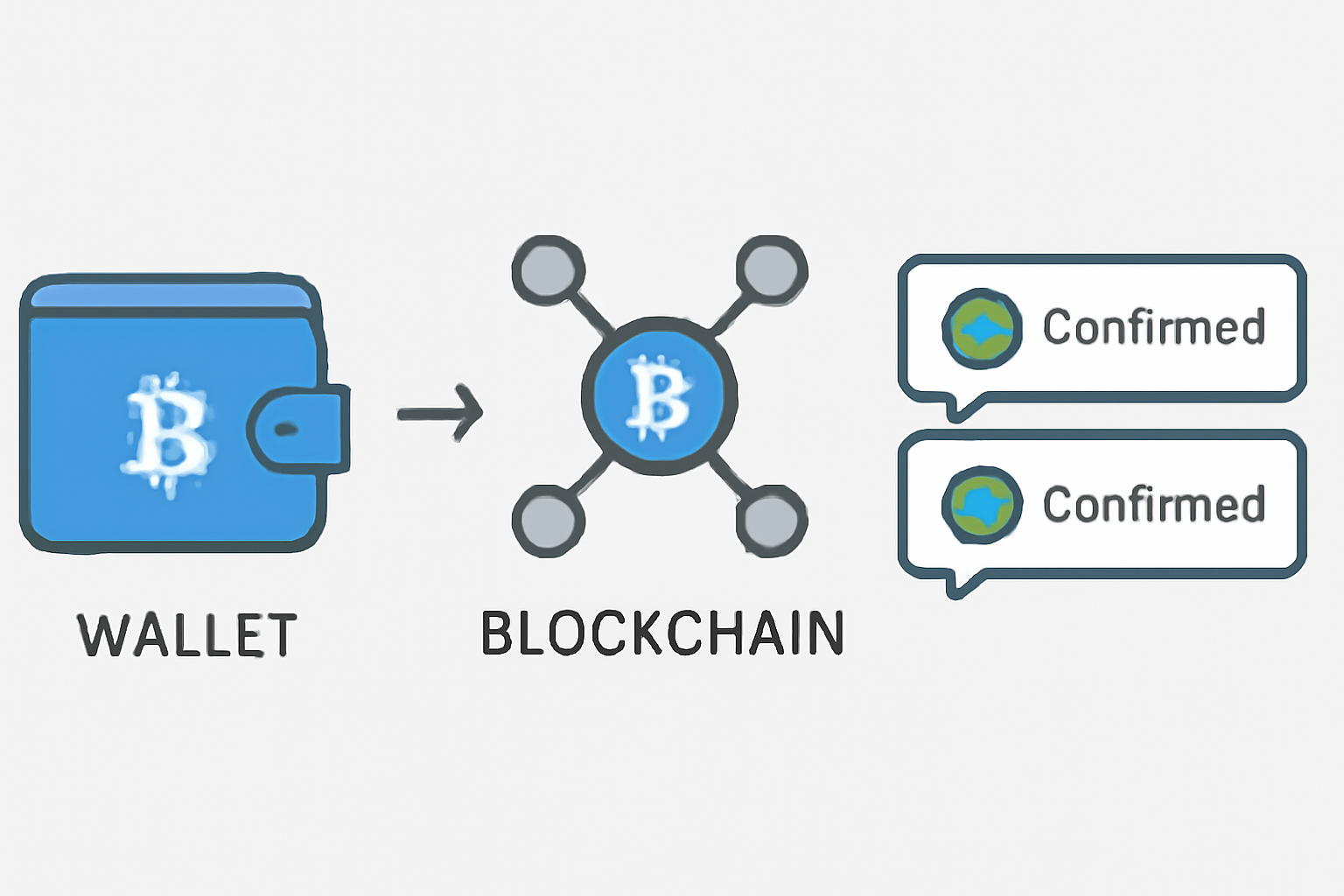 A digital representation of a transaction being sent from a wallet to a blockchain network, with confirmation notifications