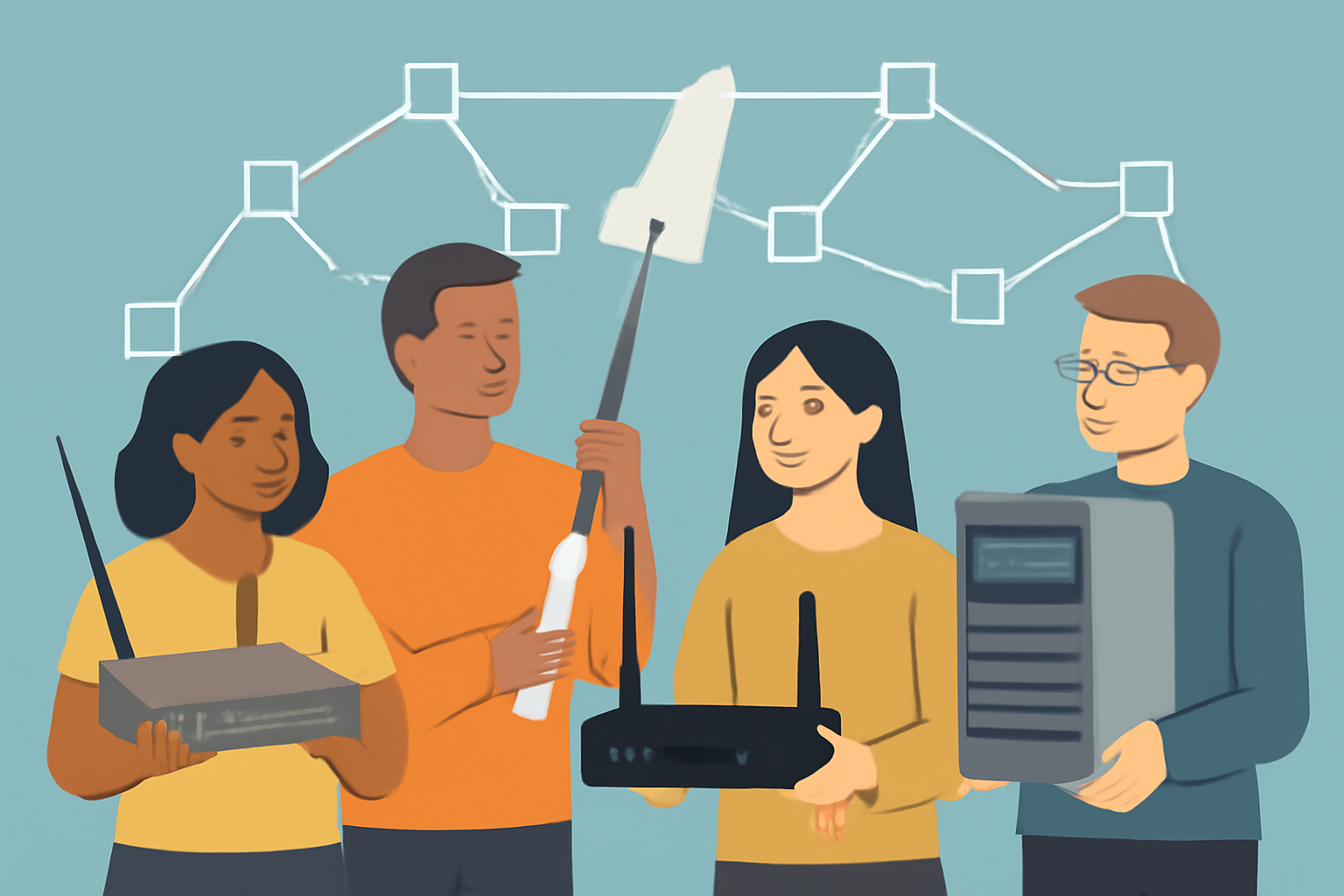 A diverse group of people with various hardware devices (routers, antennas, servers) connected by digital blockchain lines, representing decentralized infrastructure.